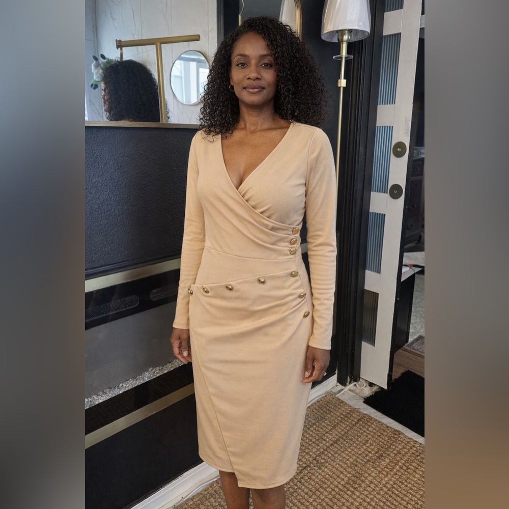 Women’s Beige Long Sleeve Wrap Dress with Button Detail